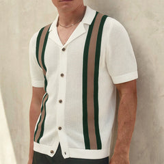 HEARUJOY  -  Summer New Men's Color Matching Short-Sleeved Knitted Cardigan Retro Fashion Trend Casual Simple Loose Breathable Men's Tops