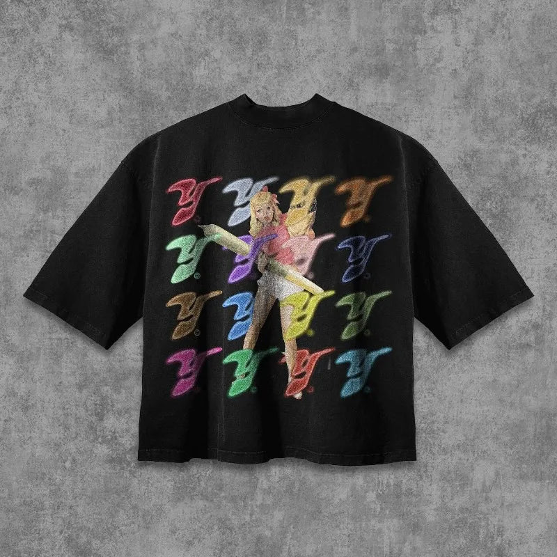 Hearujoy Vintage trend lettering print cotton round neck short sleeve T-shirt Women y2k summer top Harajuku Gothic couple loose shirt
