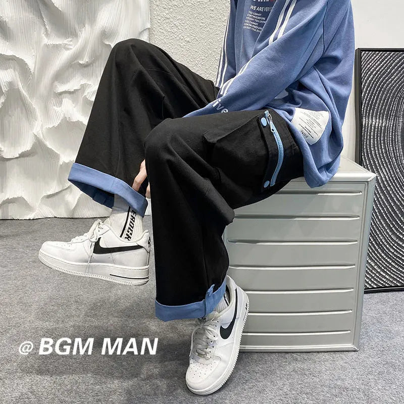 HEARUJOY  -  Spring Autumn Casual Print Patchwork Cotton Wide Leg Pants Man Loose Y2k Pocket Hip Hop Cargo Straight Male Trousers Streetwear