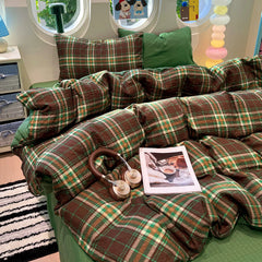 YICKYUE  -  3/4PCS Retro Green Grid Bedding Set Stripes Duvet Cover Set Sheet Set Comfortable for Home Bedroom Decor New Year Christmas Gift