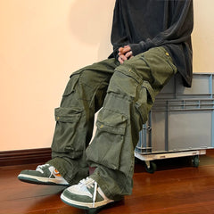 Hearujoy Cargo Pants Multi-pockets Tooling Pant Harajuku Men's Vintage Loose Wide Leg Pants Streetwear Casual Hip-hop Mopping Trousers