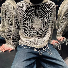 Hearujoy Y2k Clothes Spider Web Hollow Hole Design Trendy Men LGBT Streetwear Hooded Pullover Knit Top Sweater Mens Korean Fashion свитер