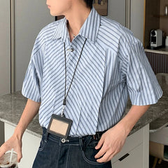 HEARUJOY  -  Men Shirt Striped Patchwork Lapel Short Sleeve Button Men Clothing Streetwear Korean Style Loose Fashion Casual Tops Men