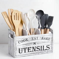 YICKYUE  -  1pc Rustic Wooden Kitchen Utensil Holder - 3-Compartment Countertop & Wall-Mounted Organizer for Forks, More - Space-Saving