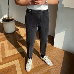 Hearujoy Mens French Slim Fashion Distressed High Waist Jeans Genderless Retro Solid Color Denim Straight Leg Casual Nine-Point Pants
