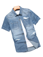 HEARUJOY  -  Men's summer blue short - sleeved denim shirt with ripped details. The ripped design elements showcase a trendy and casual style