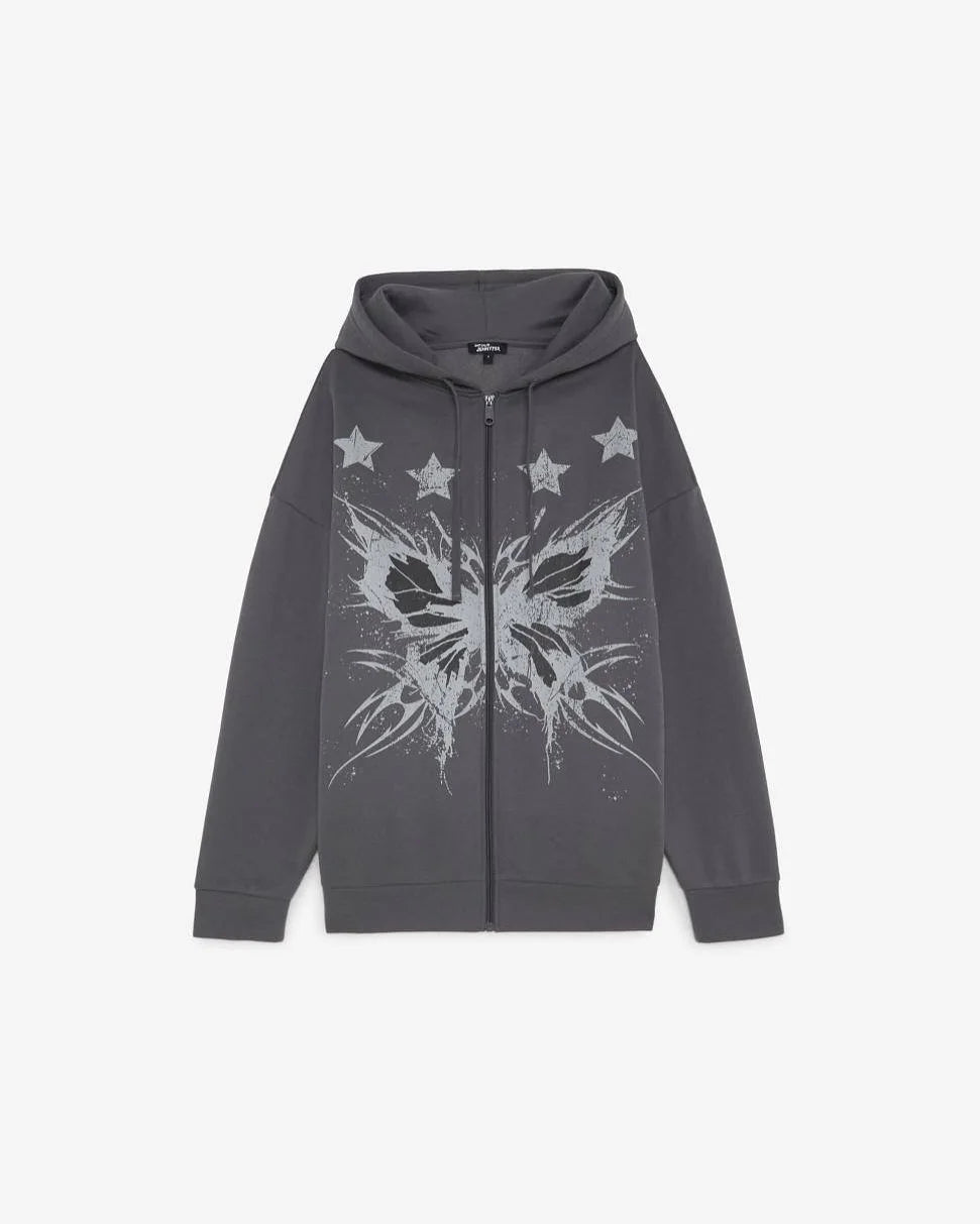HEARUJOY  -  High street American y2k butterfly pattern print retro zipper hoodie women's casual loose and versatile couple goth sweatshirt