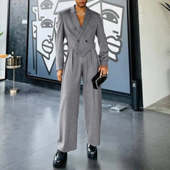 Hearujoy Mens Casual Blazer Wide Leg Pants Suit Autumn Winter Genderless Fashion Business Solid Color Loose Lapel Two-Piece Set Unisex