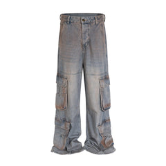 Hearujoy Harajuku Side Multi-pockets Washed Baggy Jeans Pants for Men and Women Straight Vintage Casual Denim Trousers Y2k Loose Cargos