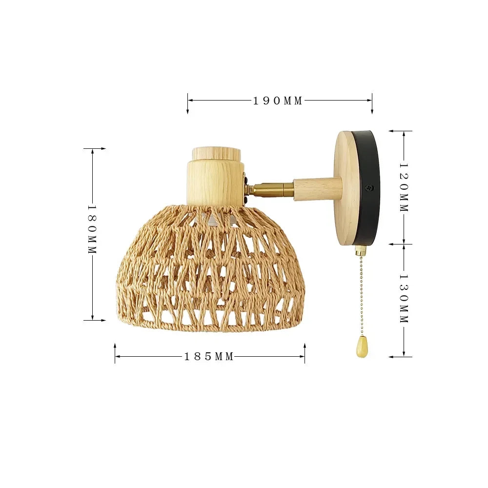 YICKYUE  -  Wall Decor  Room Rattan Ancient Farmhouse Hemp Rope Japanese Woven Lamps Bedside Bedroom Living Room Rural Wall Lamp