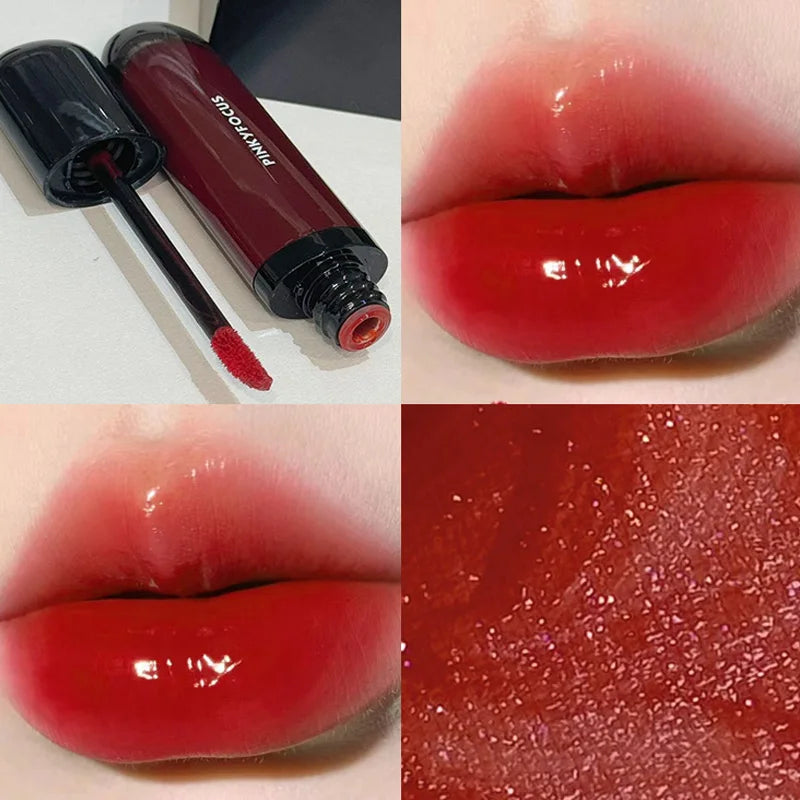 YICKYUE  -  Red Brown Mirror Lip Glaze Water Light Moisturizing Non-stick Cup Highly Pigmented Red Liquid Lipstick Lip Tint Makeup Cosmetics