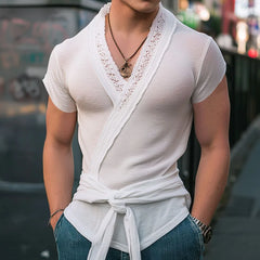 HEARUJOY  -  Men Shirt Lace Patchwork V Neck Summer Short Sleeve Streetwear Men Clothing With Belt Lace Up Fashion Male Shirts S-5XL