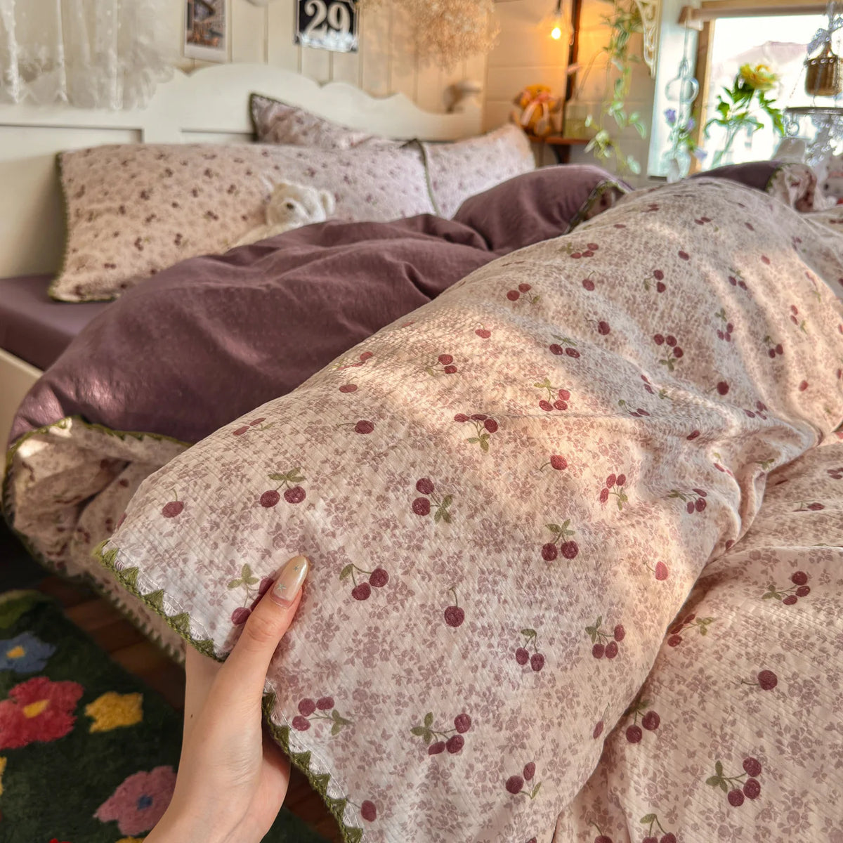 YICKYUE  -  3/4Pcs Bedding Set Korean Cute Core Tomato Print Duvet Cover Double Bed Full-Size Minimalist Bed Sheet Pillowcase Four-Season