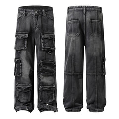 Hearujoy Vintage Washed Mens Denim Trousers High Street Distressed Baggy Jeans Unisex Straight Loose Casual Cargo Pants Oversized
