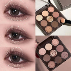 YICKYUE  -  9-Color Eyeshadow Palette Earth Tones Brown Shimmer Matte Finishes Long-Lasting Pearl Dust for Daily Korean Makeup Look