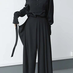 HEARUJOY  -  Darkness Versatile Slim Pleated Nine-Point Wide-Leg Pants Unisex Double-Layer High-Waisted Loose Tight-Waisted Straight Culottes