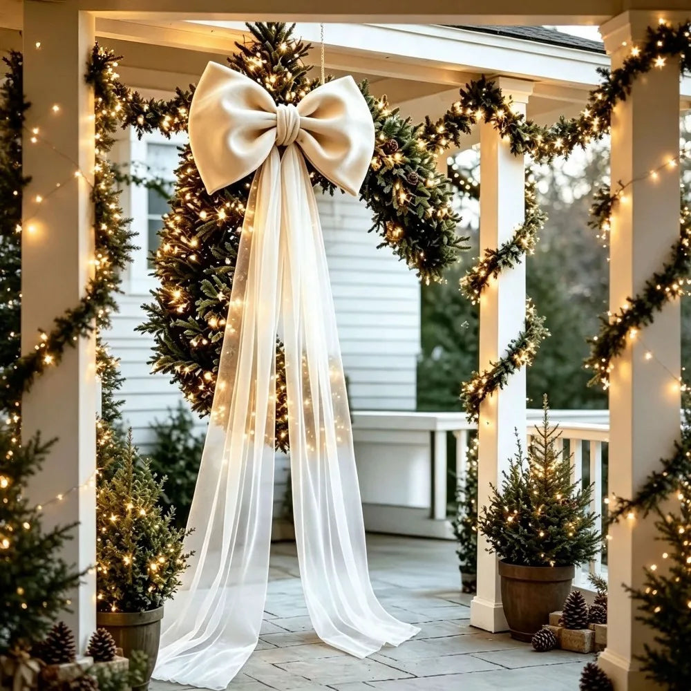 YICKYUE  -  Soft Velvet Christmas Large Bow Pendant Long Tulle Drapes Sheer Organza Tree Decorations Bow Non-Fall Giant Bow