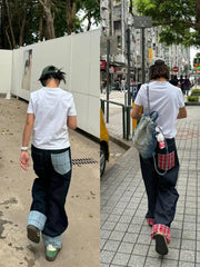 Hearujoy American plaid splicing hemmed jeans for women street style hip hop high waist black straight wide leg loose casual trousers