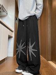HEARUJOY  -  Men's Casual Pants Autumn Season Star Embroidery Wide Leg Sport Trousers Loose Fit Comfortable Long Pants American Lazy Sle