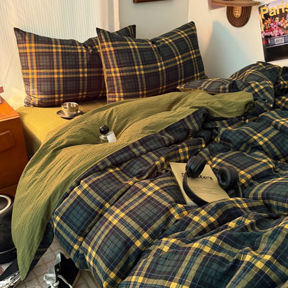 YICKYUE  -  Retro Academia Bedding Set Plaid Duvet Cover Set Soft Flat Sheet Single Twin Size Double Bed Sheet Set For Bedroom