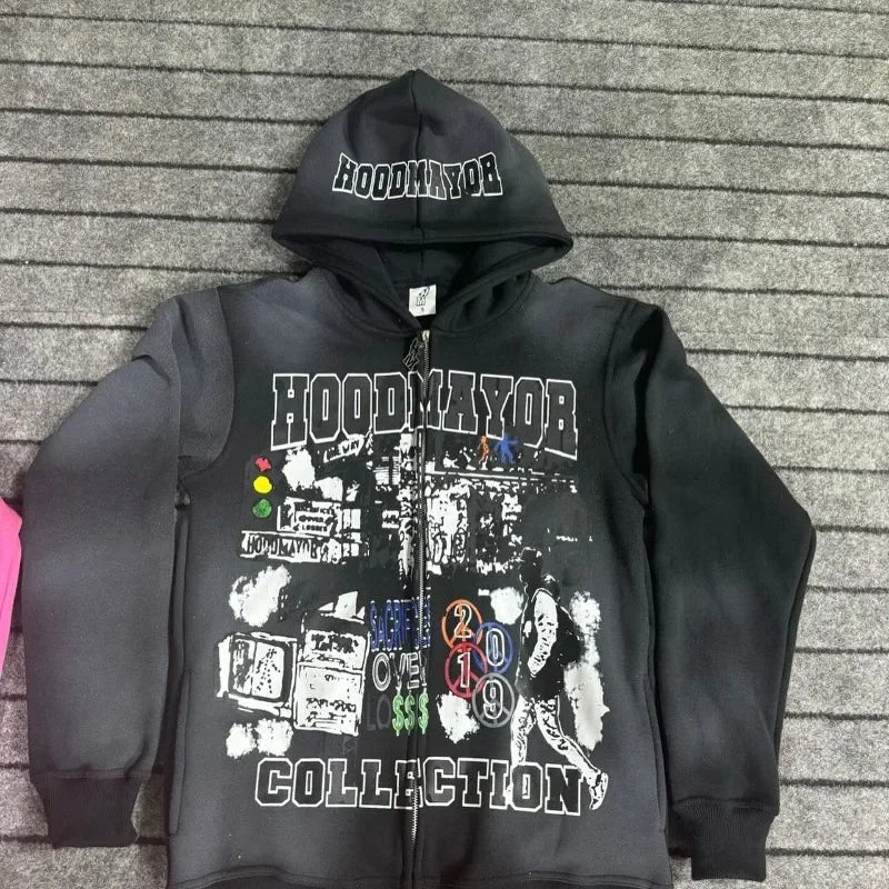 Hearujoy American vintage anime print oversized sweatshirt High street fashion women clothing jacket Hip hop punk casual zipper hoodie