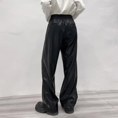 Hearujoy Casual Drawstring PU Leather Long Pants Men Trousers Spring Fall  Loose Y2k Elastic Waist Straight Wide Leg Faux Leather Pants