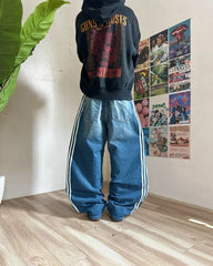 Hearujoy Simple Retro Y2K Harajuku Sports Striped Embroidered Washed Blue Jeans Men's Street Trend Loose Wide-leg Pants Skateboard Pants