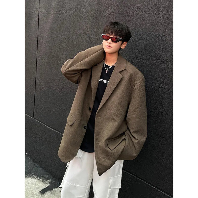 HEARUJOY  -  Brown Blazer Men Fashion Society Mens Black Dress Jacket Korean Loose Casual Pleated Suit Jacket Mens Office Formal Jackets