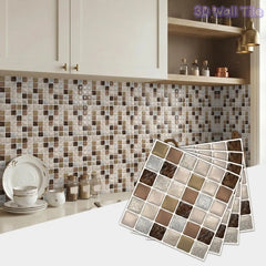 YICKYUE  -  Brown & Beige Marble Mosaic Tile Stickers, Waterproof 3D Self-Adhesive Wall Decals for Kitchen & Bathroom Backsplash, Removable