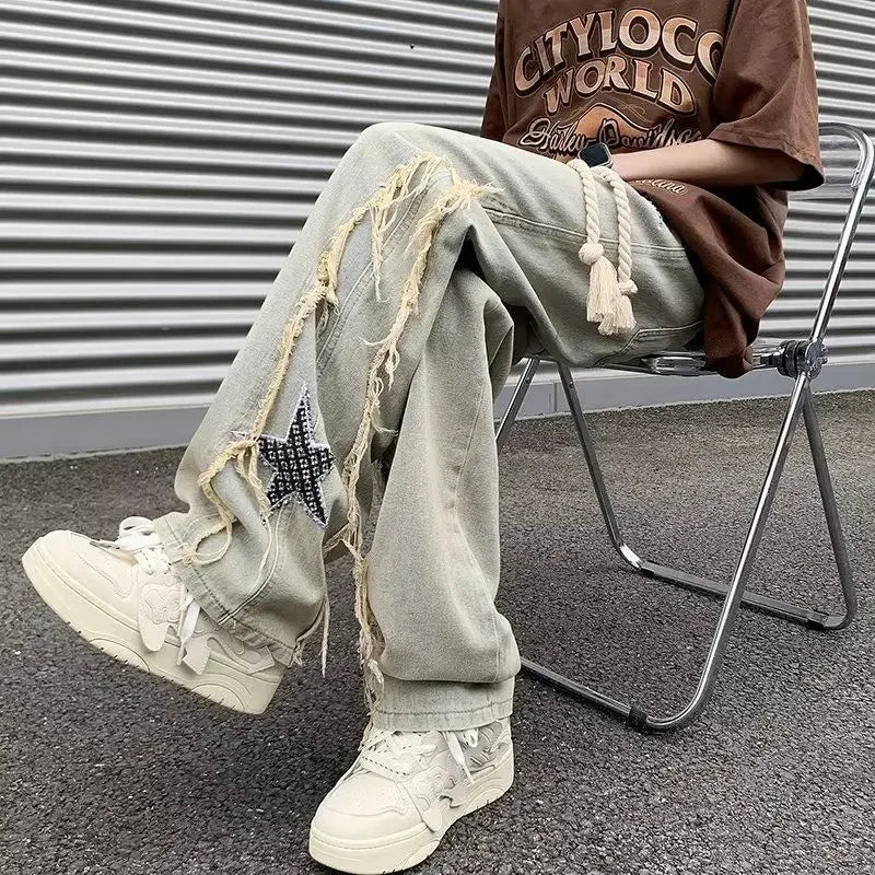 Hearujoy Men Jeans Spring and Autumn New Star Embroidery Splicing Jeans Fashion Street Casual Wear Loose Hundred Straight Pants Y2k Jeans