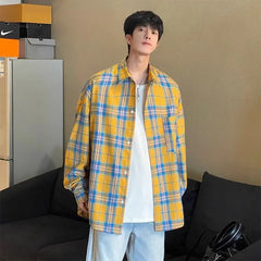 HEARUJOY  -  Casual Yellow Plaid Long-sleeved Lapel Shirt Versatile Loose Jacket for Men and Women Couples