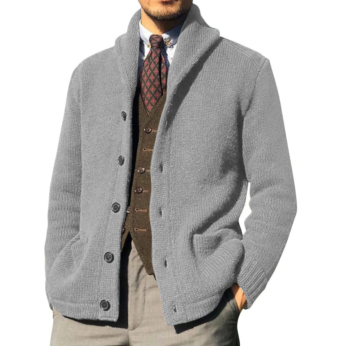 HEARUJOY  -  Casual Fashion Men's Lapel Pure Cardigan Solid Color Sweater in Autumn and Winter Warm Knitted Jacket
