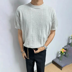 HEARUJOY  -  Men's Knitted Solid Color Short-Sleeved T-Shirt American Fashion Trend Casual Simple Loose Breathable Summer New Men's Tops
