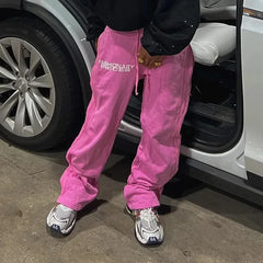 Hearujoy Summer new fake two-piece striped trousers for men and women casual wide-leg straight pants spliced plaid loose sports pants