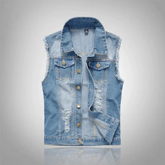 HEARUJOY  -  Men's Big Size New Slim-fit Denim Vest Vest with Ripped Lapel Single Breasted Denim Vest Coat