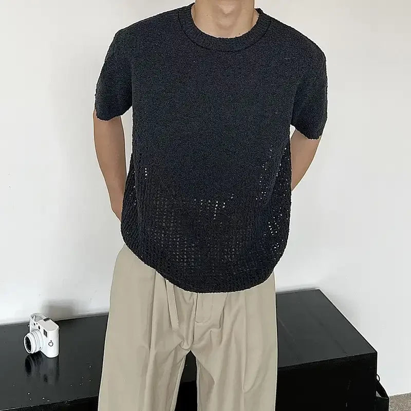 HEARUJOY  -  Men's Beige Textured Short Sleeve Knit Top Loose Fit Hollow Out Design Summer Casual Fashion Comfortable Knitwear