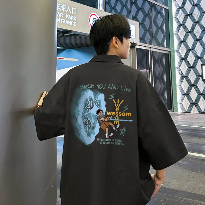 YICKYUE  -  Men's Oversized Shirts 5XL Fashion White Mens Blouse Anime Letter Print Oversize Shirt Casual Wear Summer for Men New Clothing