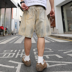 HEARUJOY  -  Yellow mud-dyed, washed and worn-out holes straight denim cropped pants. Retro men's summer straight thin shorts are fashionable