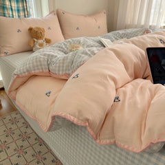 YICKYUE  -  3/4PCS Ins Peach Bedding Set Grey Grid Cherry Embroidery Shell Seam Edge Double-layer Yarn Super Soft Comfortable Bedroom Decor