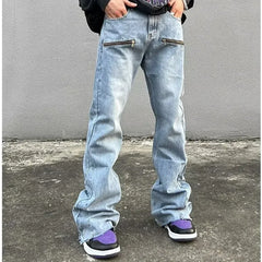 HEARUJOY  -  Y2K Fashion Zipper Retro Washed Baggy Flare Jeans Pants Men Streetwear Hip Hop Wide Leg Straight Denim Trousers Ropa Hombre