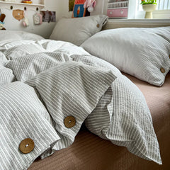 YICKYUE  -  3/4Pcs Bedding Set Futon Minimalist Striped Button-Down Style 100% Washed Cotton Set Single Bed Sheet Set Full-Size Four-Season