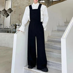 Hearujoy Mens Autumn Winter Solid Color Korean Retro Overalls Genderless Trendy Casual Versatile Wide Shoulder Wide Leg Pants For Men