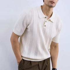 HEARUJOY  -  Men's Solid Color Striped Knitted Short-Sleeved Polo Shirt Retro Fashion Trend Casual Simple Loose Breathable Summer Men's Tops