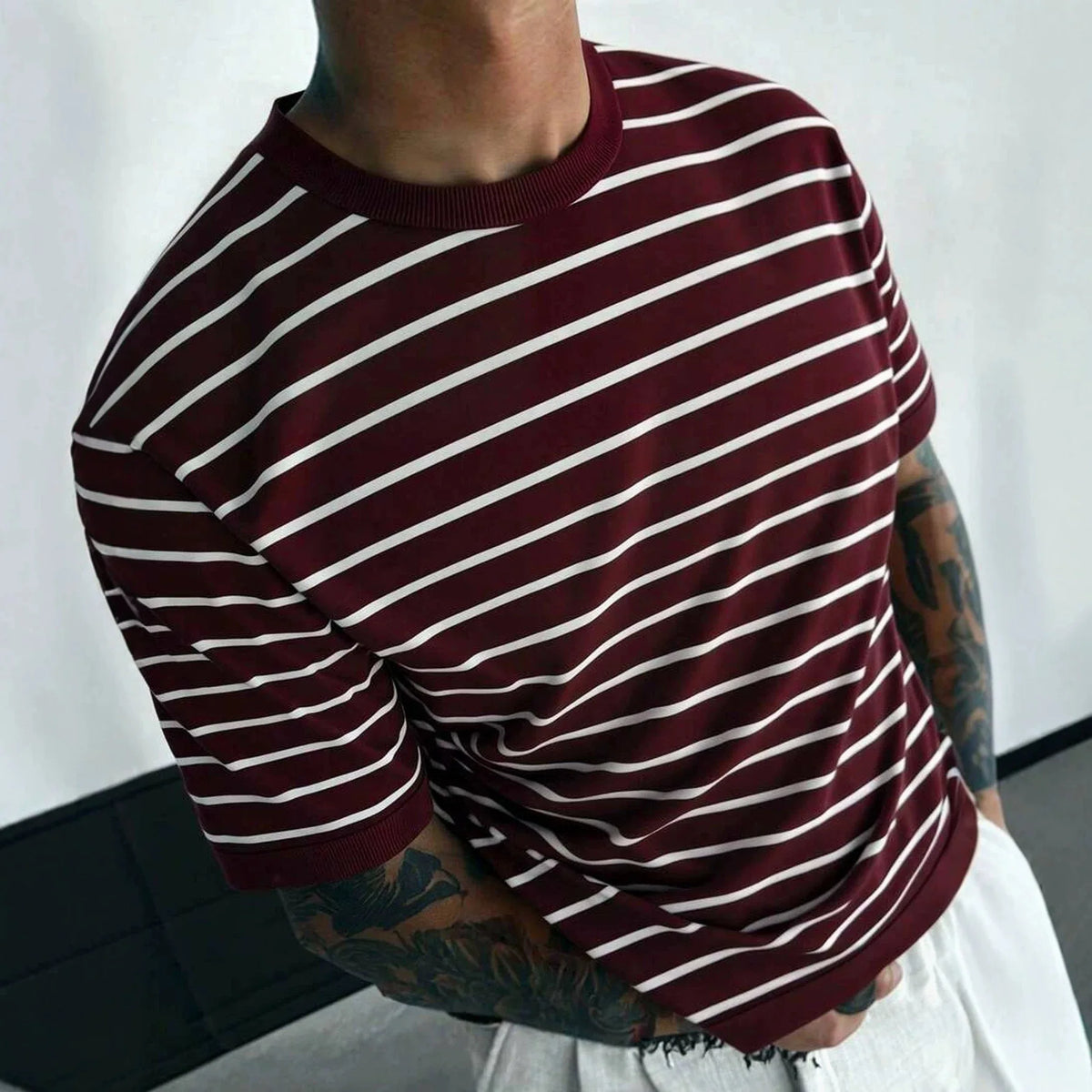 YICKYUE  -  High Quality Ice Silk Knitted T-shirt For Men Short Sleeved Round Neck Knitwear Summer Fashion Stripe Kint Tops Men's Clothing