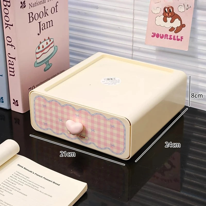 YICKYUE  -  Kawaii Cream Stationery Storage Box Organizer Large Capacity Student Dormitory Sundries Cosmetic Drawer-style Storage Rack Stack