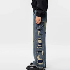 Hearujoy Both Side Hole Ripped Casual Bootcut Men and Women Streetwear Washed Blue Jeans Pants Distressed Casual Denim Trousers Oversize