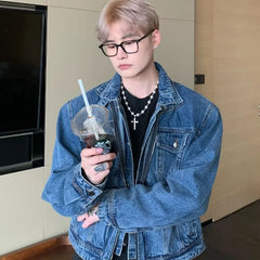 HEARUJOY  -  Blue Retro Denim Jacket Mens Spring Korean Washed Double Layered Collar Cowboy Coats Pockets Loose Hip Hop Outwear Y2K