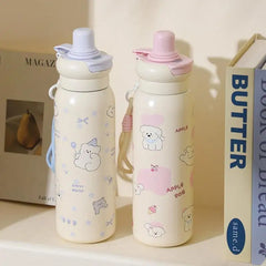 YICKYUE  -  Cute Cartoon Fashion Straw Cup Large Capacity Student Dual Water Bottle, Stainless Steel Insulated Flask, Bow Bear Pattern