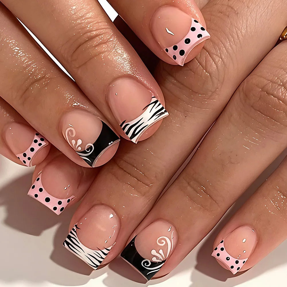YICKYUE  -  24pcs Wearable Press On Nails Black White Striped Dot French Tip Short Square False Nails Elegant Resin Fake Nail Office Daily