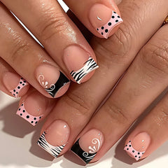 YICKYUE  -  24pcs Wearable Press On Nails Black White Striped Dot French Tip Short Square False Nails Elegant Resin Fake Nail Office Daily